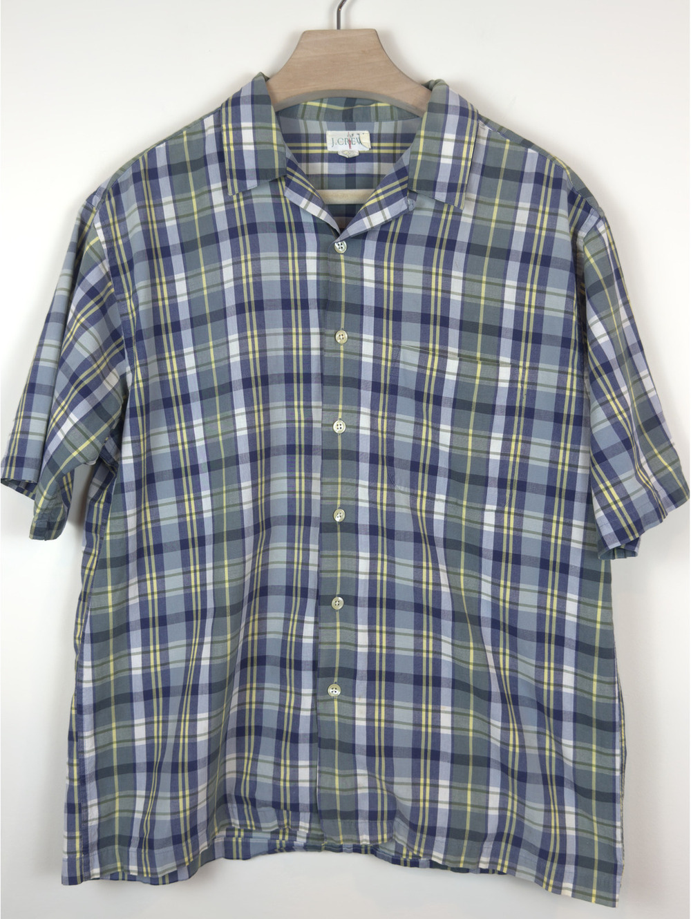 Vintage J.Crew Men’s M Plaid Short Sleeve Cotton Camp Shirt Blue Green 90s
